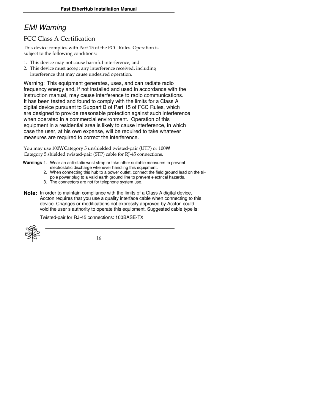 Accton Technology EH3008C, EH3012C, 8se, 12se manual EMI Warning 