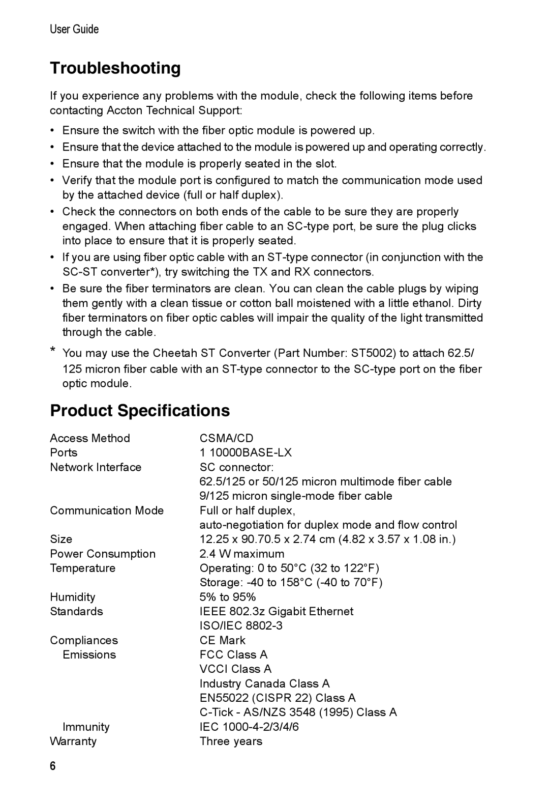 Accton Technology EM4582-LX-SC, 1000BASE-LX manual Troubleshooting, Product Specifications 