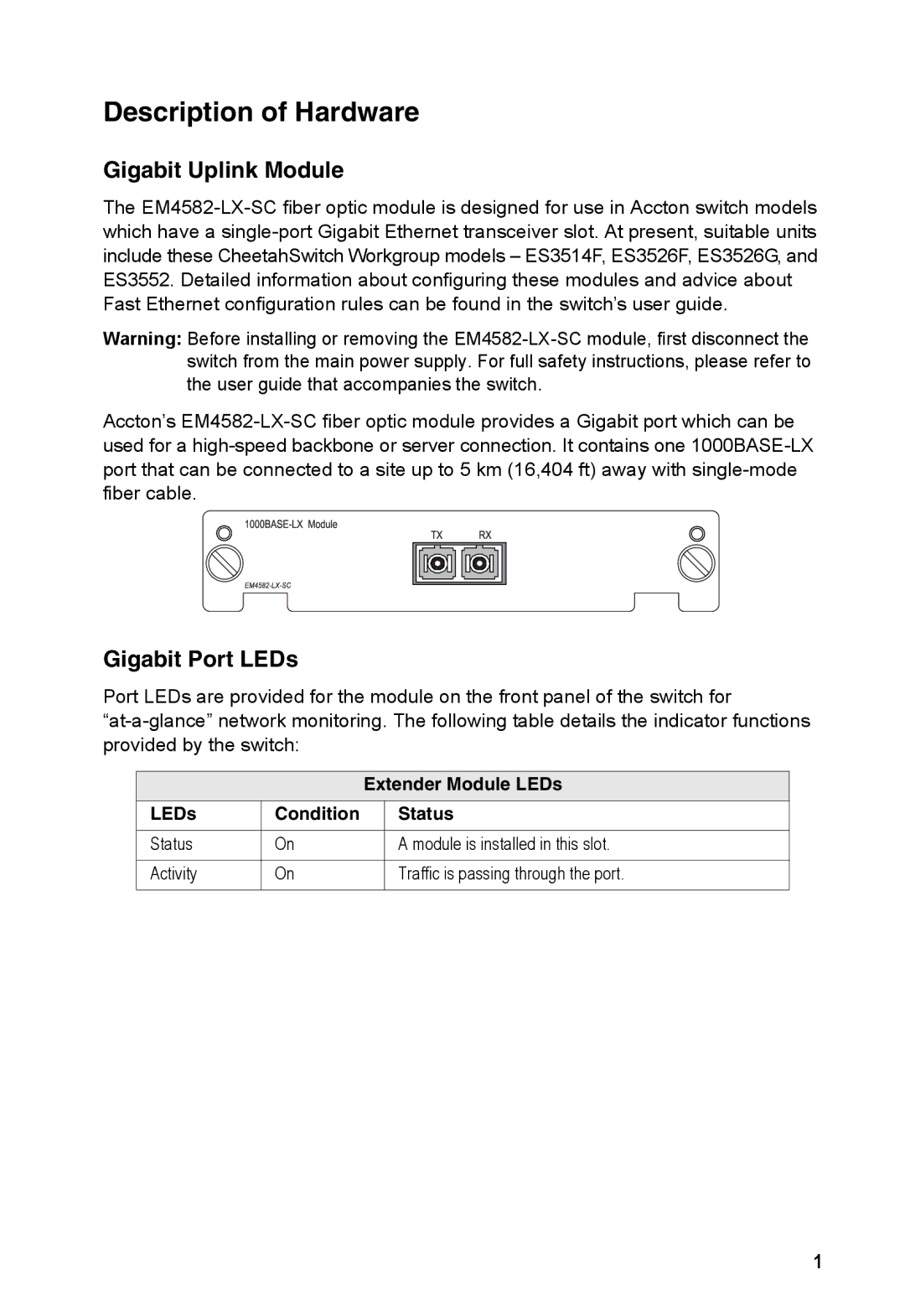 Accton Technology 1000BASE-LX, EM4582-LX-SC manual Description of Hardware, Gigabit Uplink Module, Gigabit Port LEDs 