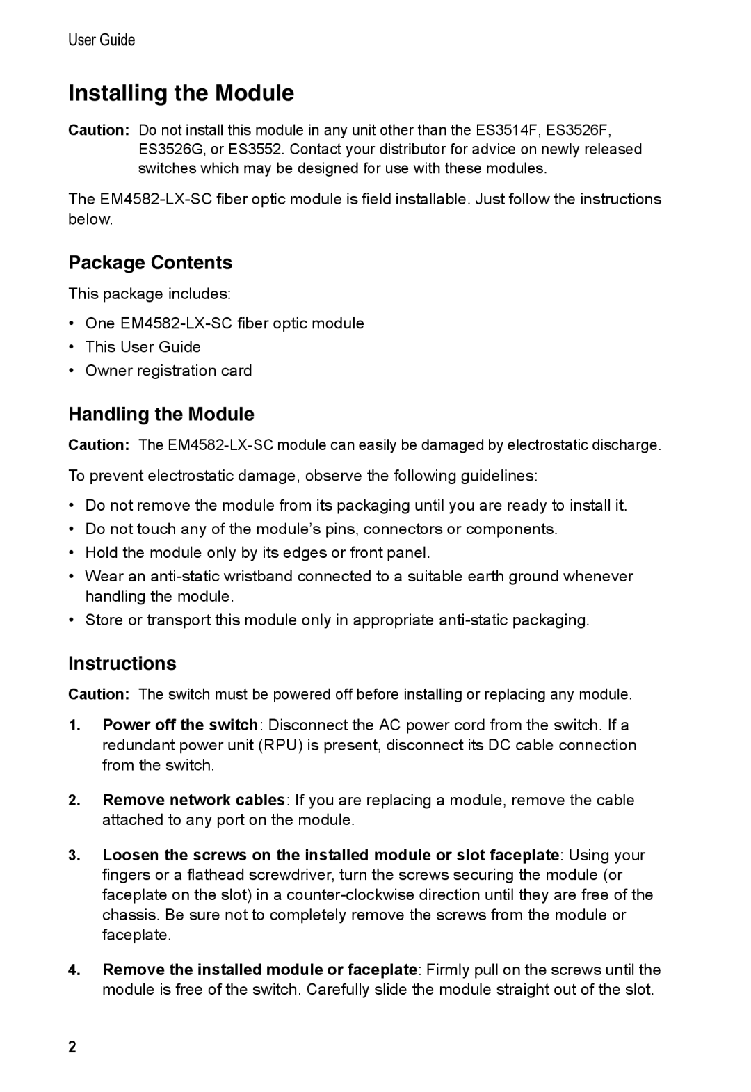 Accton Technology EM4582-LX-SC, 1000BASE-LX Installing the Module, Package Contents, Handling the Module, Instructions 