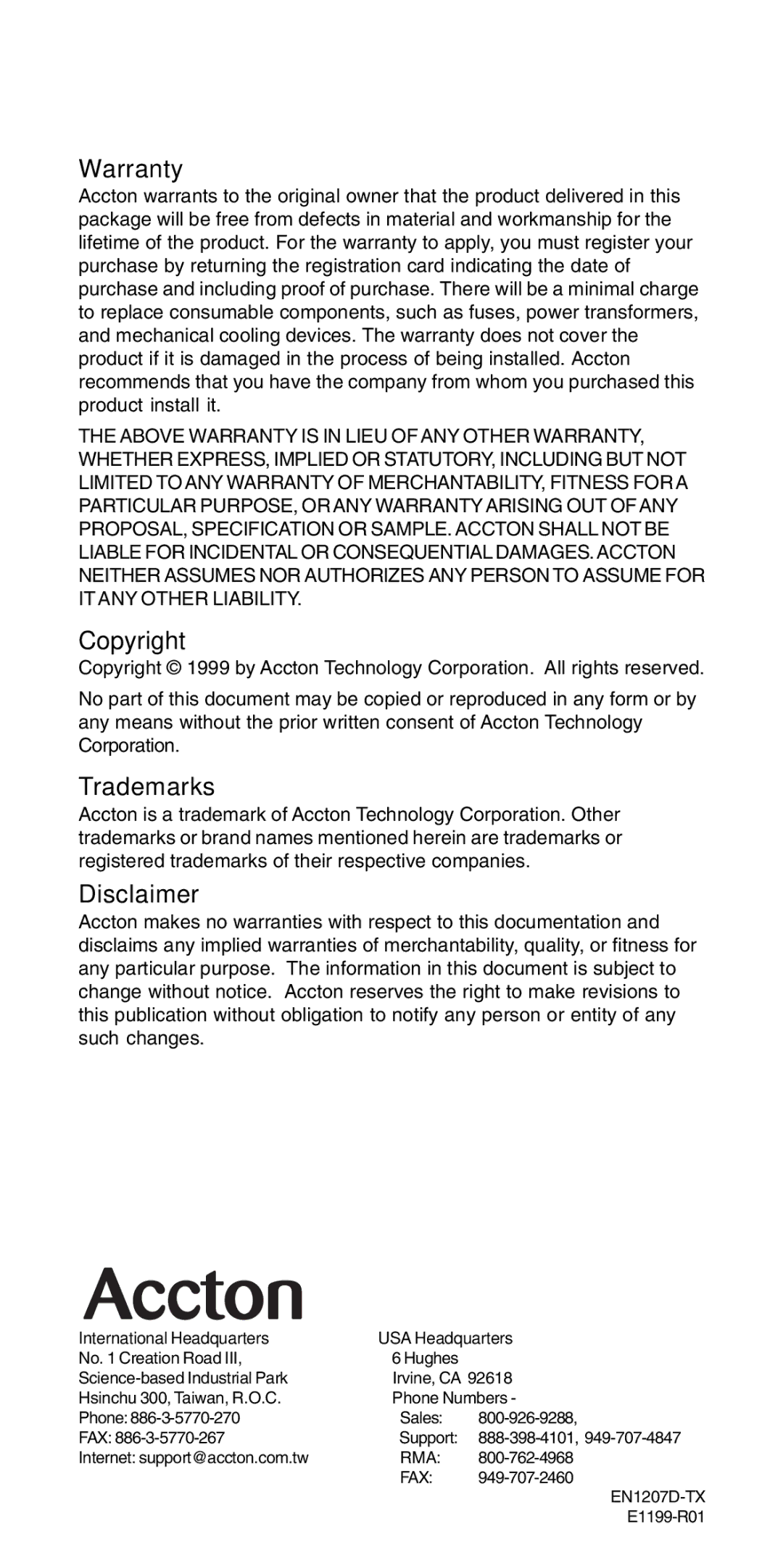 Accton Technology EN1207D-TX manual Warranty, Copyright, Trademarks, Disclaimer 