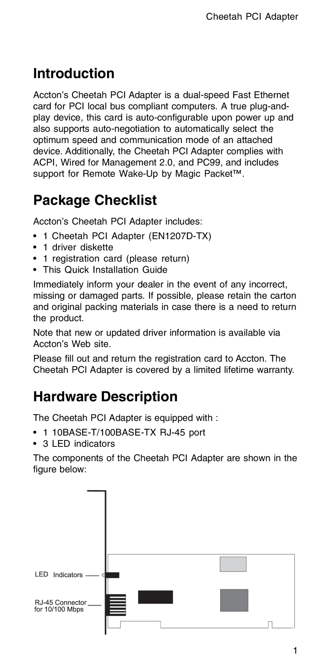 Accton Technology EN1207D-TX manual Introduction, Package Checklist, Hardware Description 