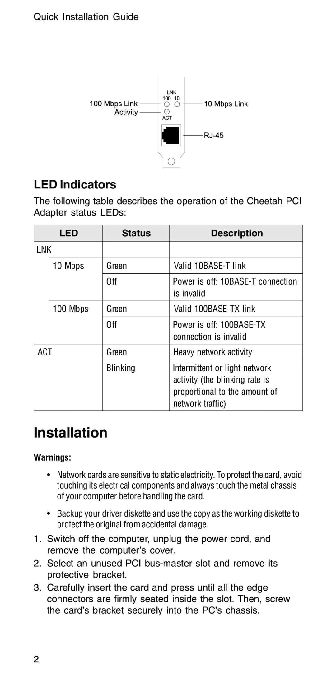 Accton Technology EN1207D-TX manual Installation, LED Indicators 