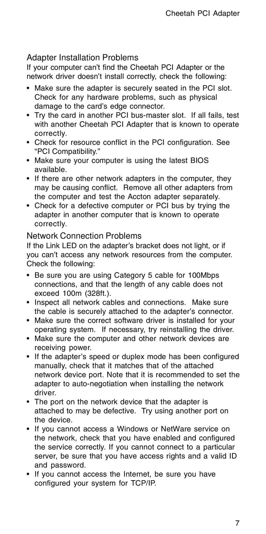 Accton Technology EN1207D-TX manual Adapter Installation Problems, Network Connection Problems 