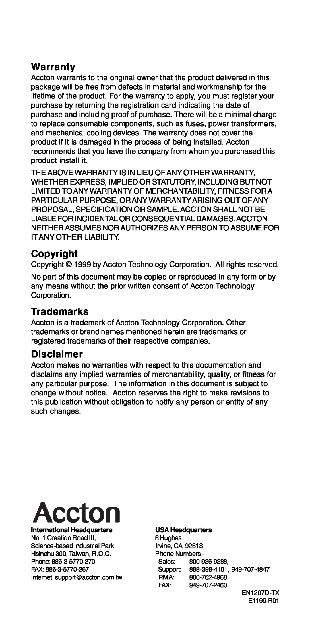 Accton Technology EN1207D-TX manual Warranty, Copyright, Trademarks, Disclaimer 
