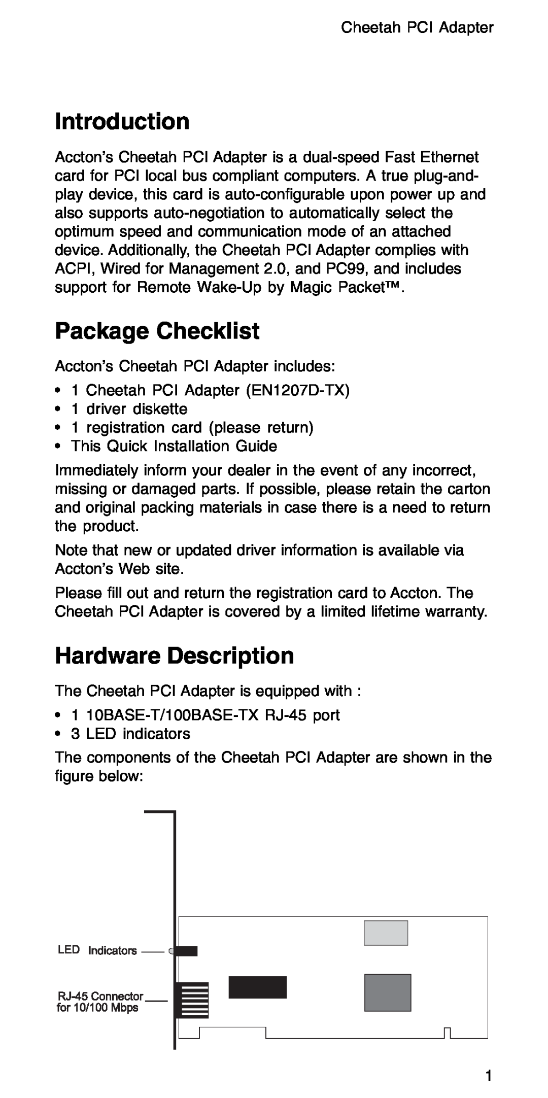 Accton Technology EN1207D-TX manual Introduction, Package Checklist, Hardware Description 
