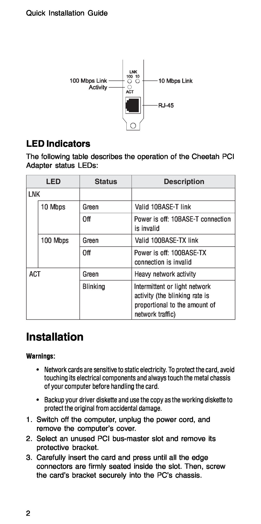 Accton Technology EN1207D-TX manual Installation, LED Indicators, Status, Description 