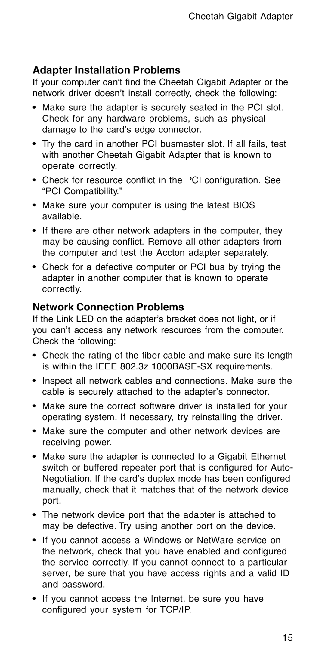 Accton Technology EN1407-SX manual Adapter Installation Problems, Network Connection Problems 