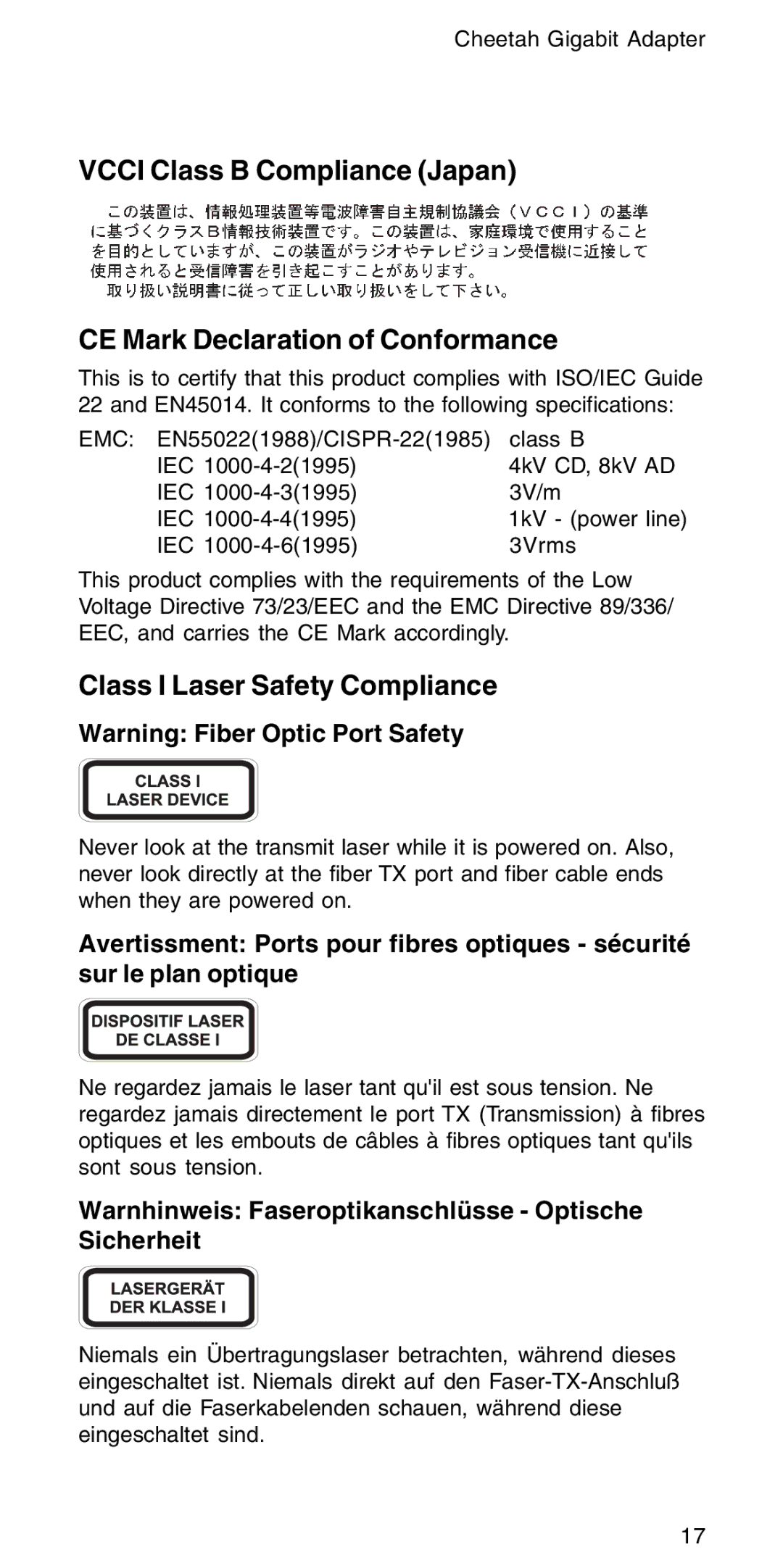 Accton Technology EN1407-SX manual Class I Laser Safety Compliance, Warnhinweis Faseroptikanschlüsse Optische Sicherheit 