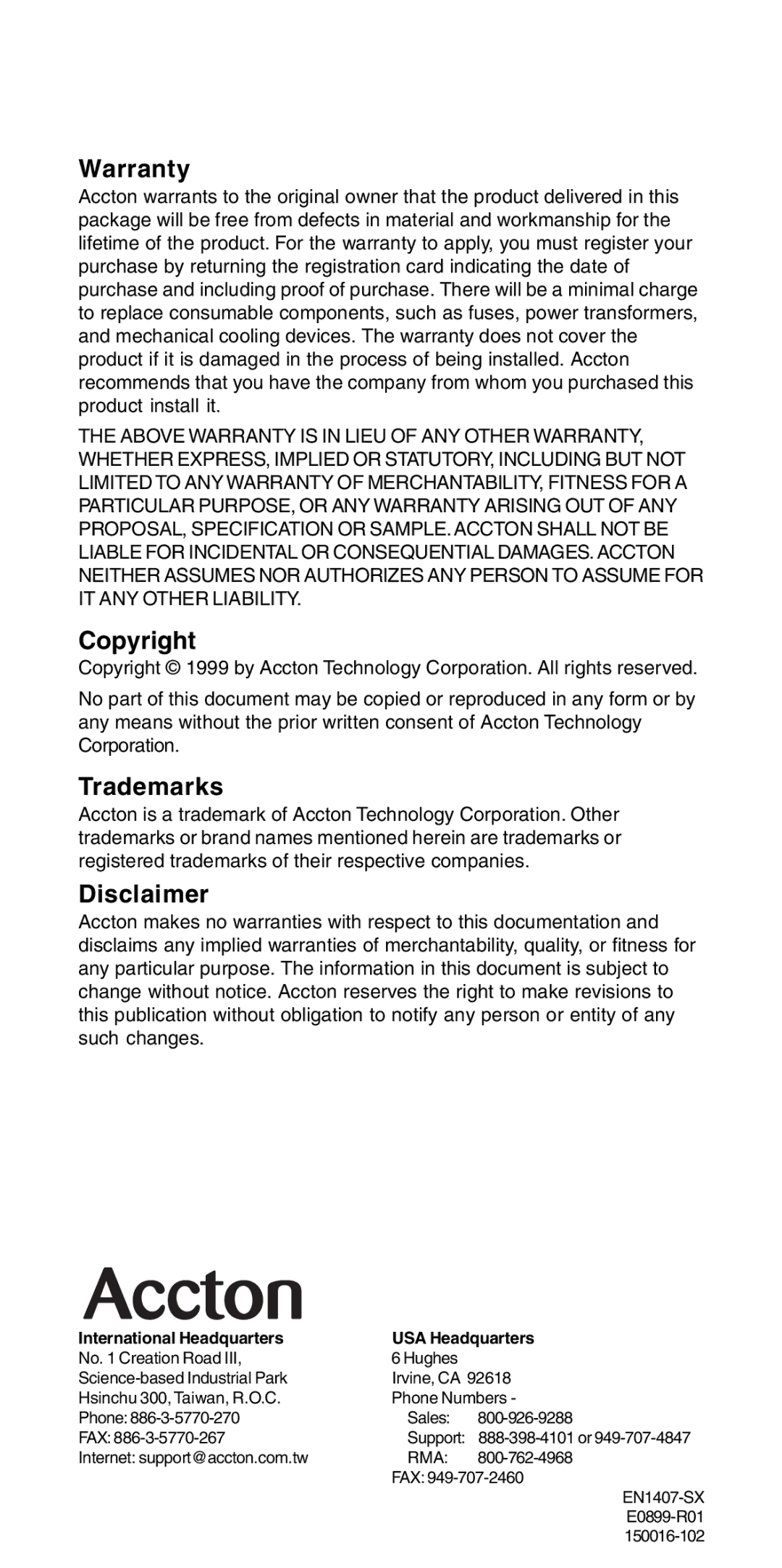 Accton Technology EN1407-SX manual Warranty, Copyright, Trademarks, Disclaimer 