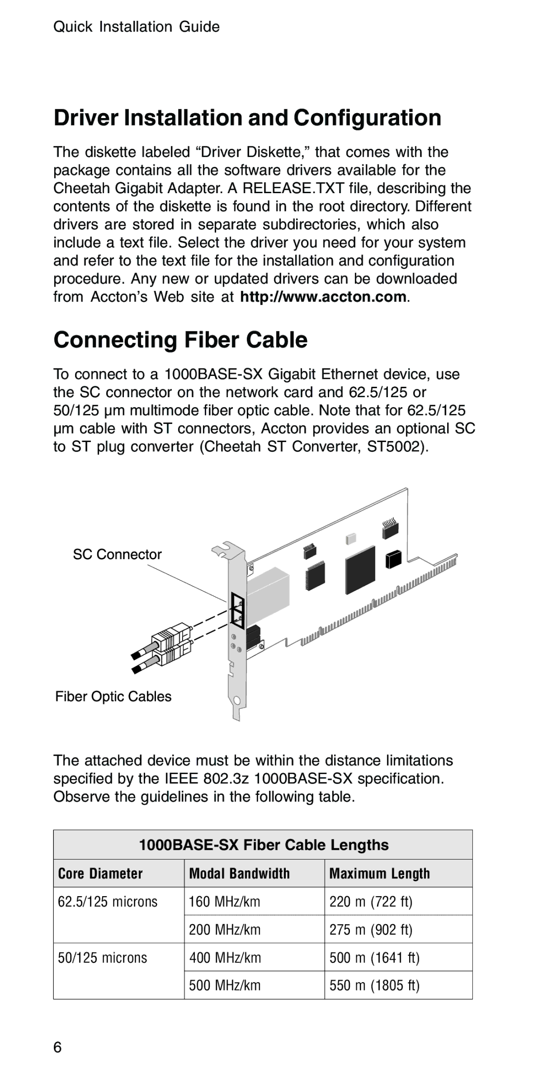 Accton Technology EN1407-SX manual Driver Installation and Configuration Connecting Fiber Cable 