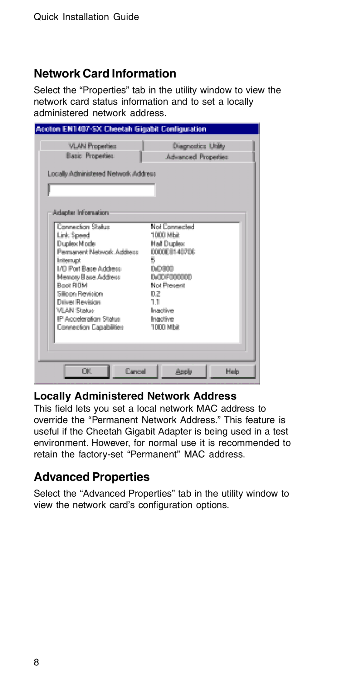 Accton Technology EN1407-SX manual Network Card Information, Advanced Properties, Locally Administered Network Address 