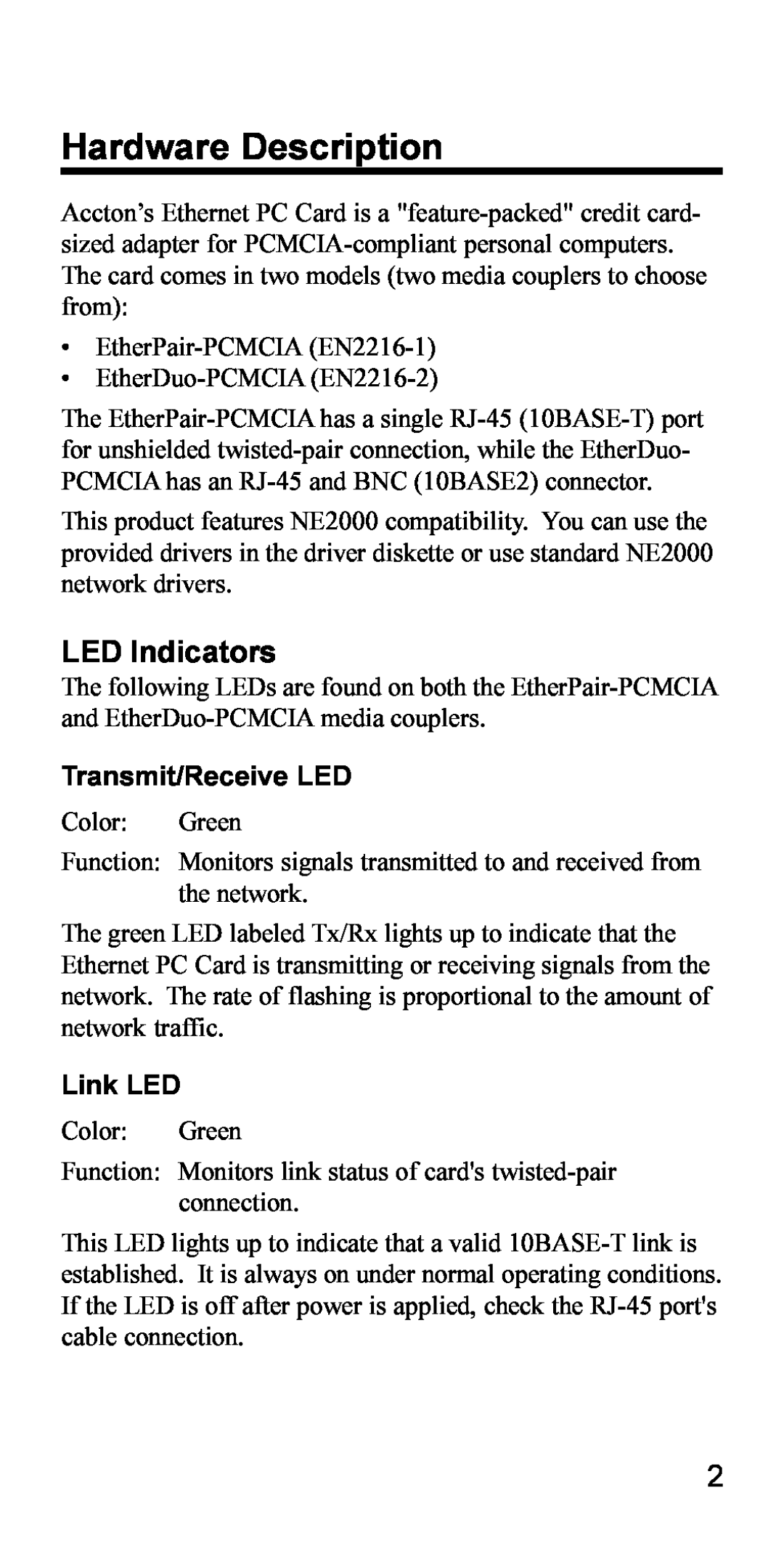 Accton Technology EN2216-2, EN2216-1 specifications Hardware Description, LED Indicators, Transmit/Receive LED, Link LED 