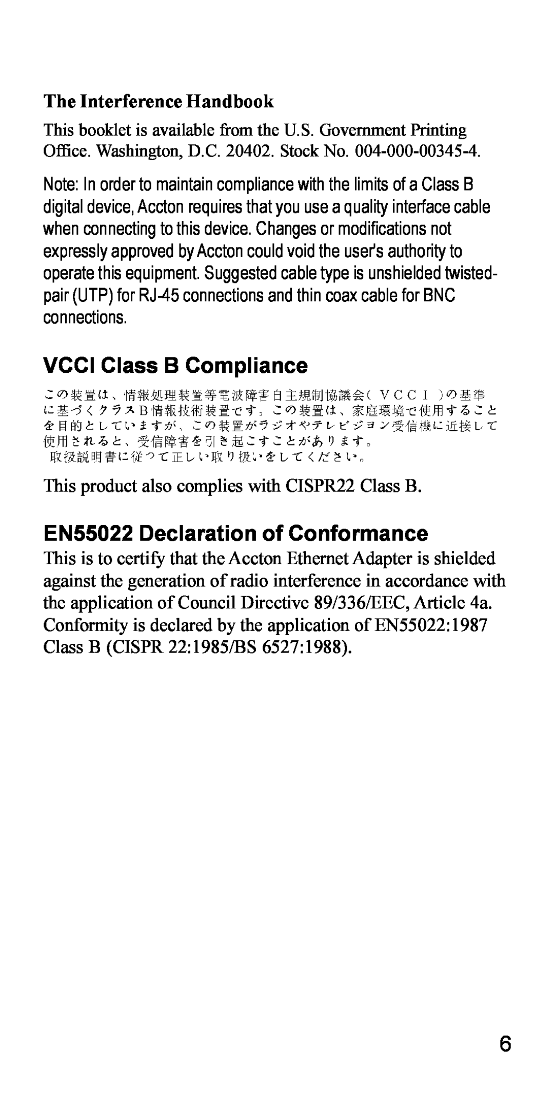 Accton Technology EN2216-2 VCCI Class B Compliance, EN55022 Declaration of Conformance, The Interference Handbook 