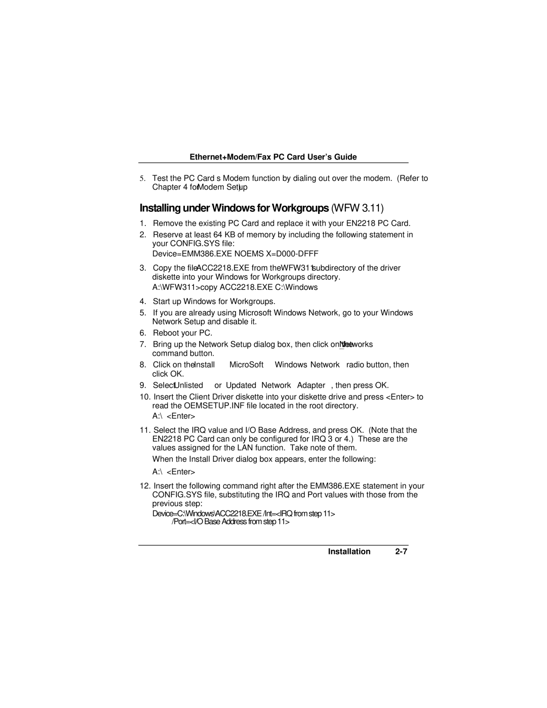 Accton Technology EN2218 manual Installing under Windows for Workgroups WFW 