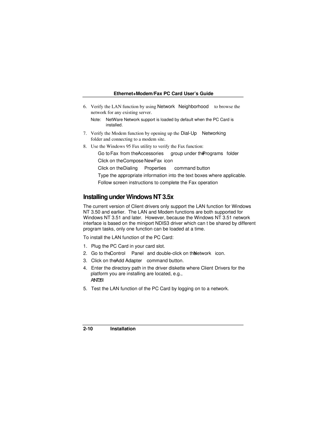 Accton Technology EN2218 manual Installing under Windows NT 