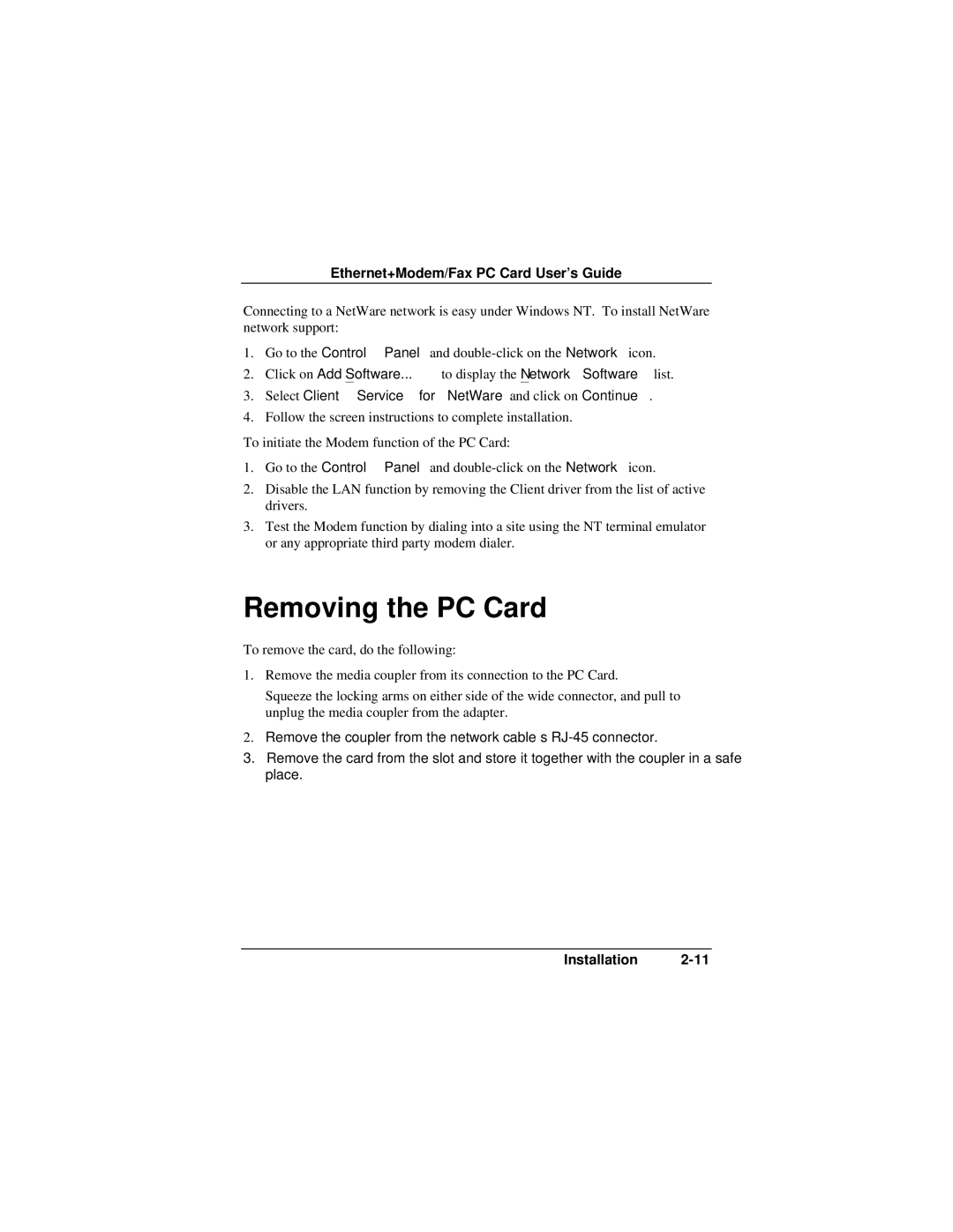 Accton Technology EN2218 manual Removing the PC Card 