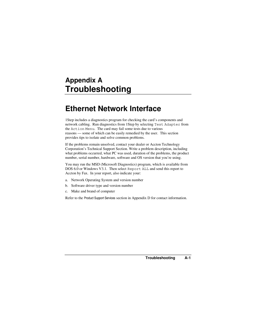 Accton Technology EN2218 manual Troubleshooting, Ethernet Network Interface, Appendix a 