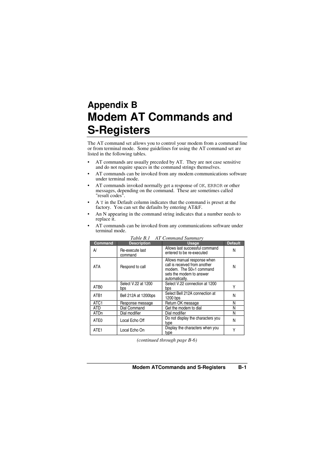 Accton Technology EN2218 manual Modem AT Commands and S-Registers, Appendix B 