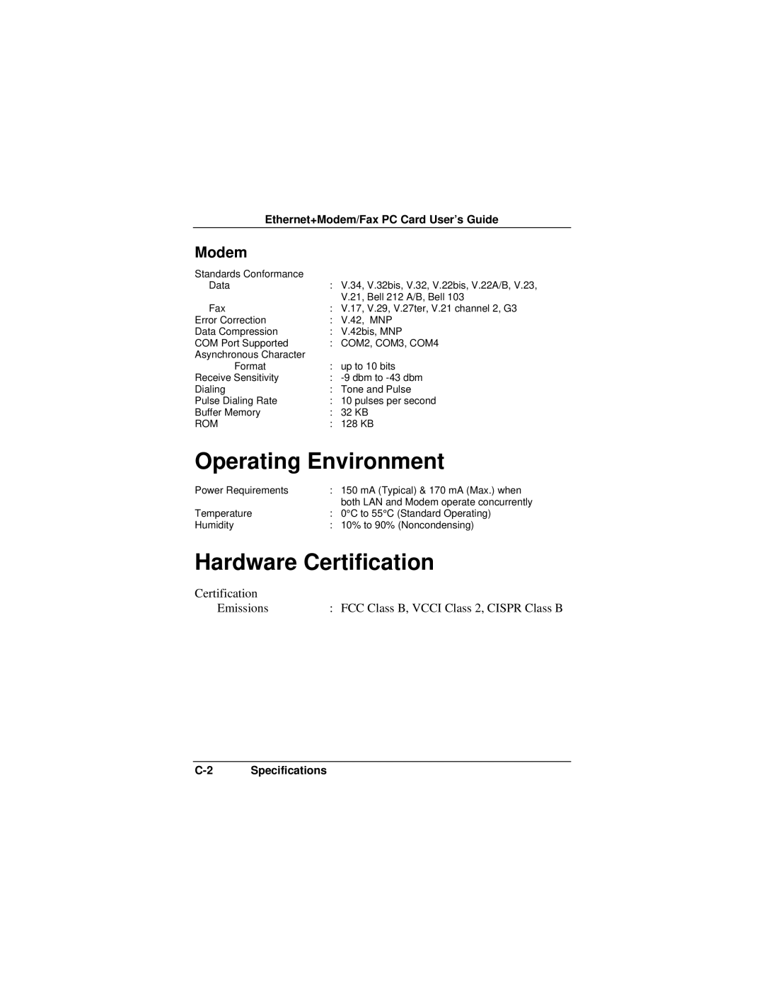 Accton Technology EN2218 manual Operating Environment, Hardware Certification, Modem 