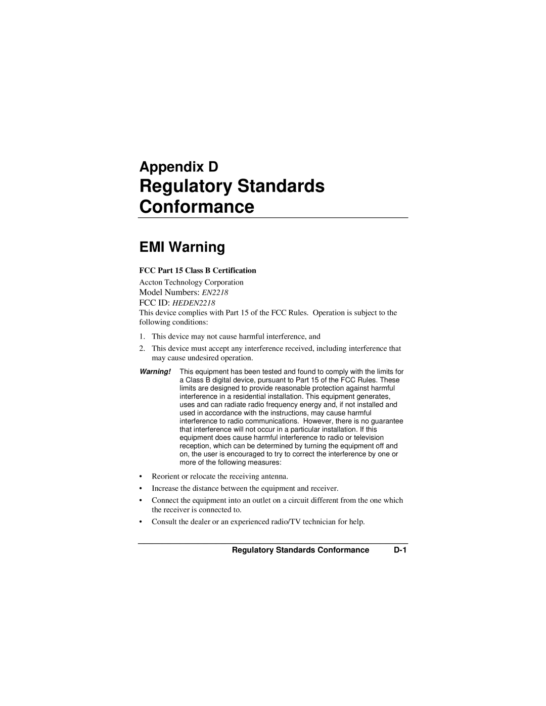 Accton Technology EN2218 manual Regulatory Standards Conformance, Appendix D, EMI Warning 