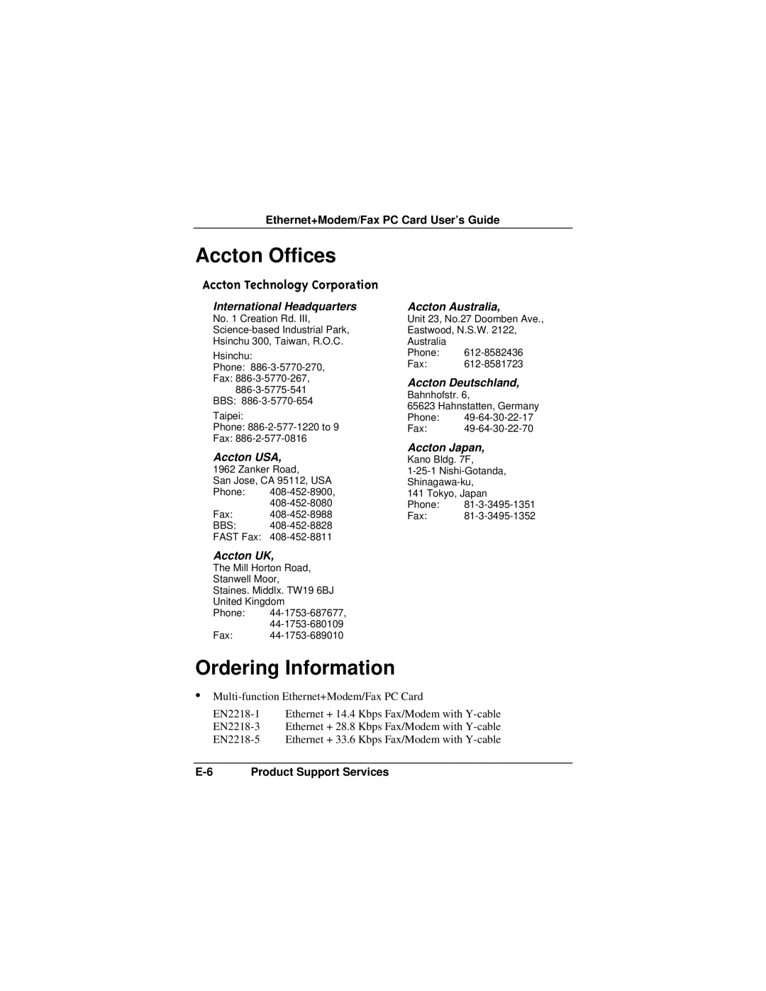 Accton Technology EN2218 manual Accton Offices, Ordering Information 