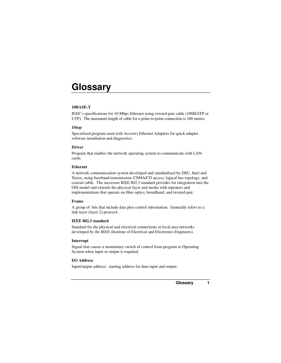 Accton Technology EN2218 manual Glossary, 10BASE-T 