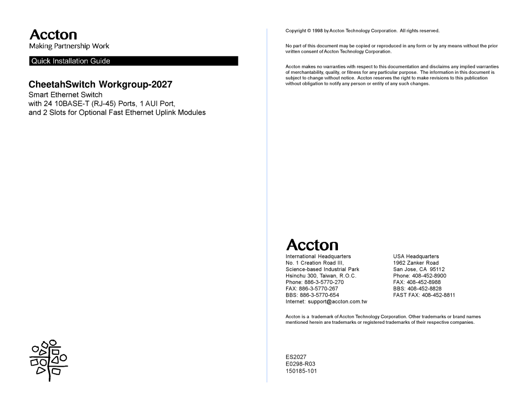 Accton Technology 150185-101, ES2027, E0298-R03 manual CheetahSwitch Workgroup-2027, Internet support@accton.com.tw 