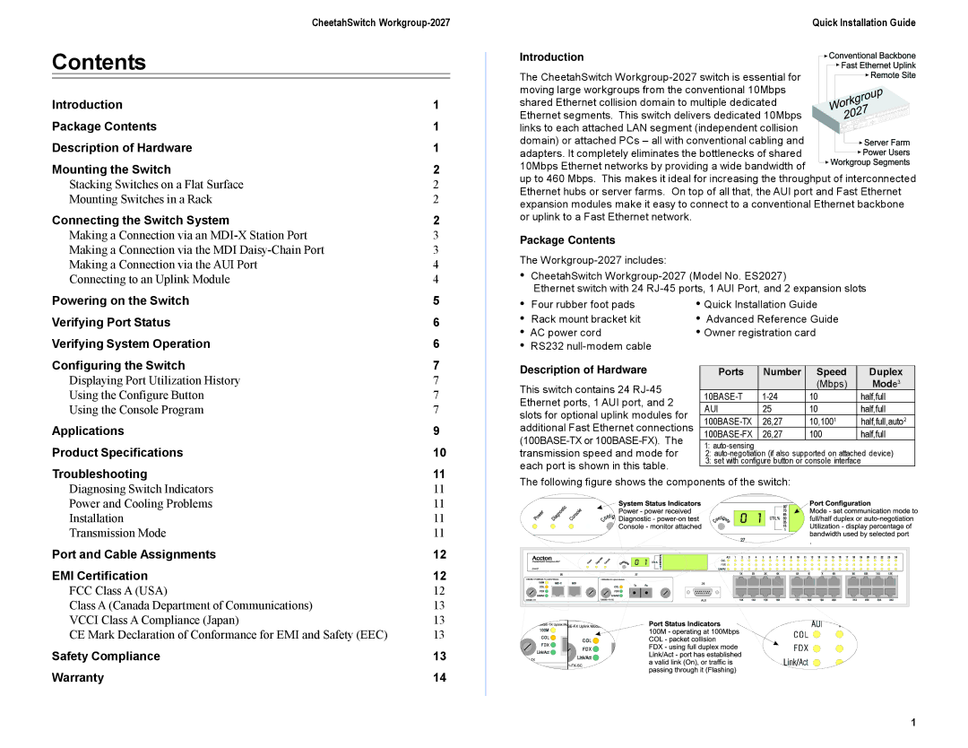 Accton Technology ES2027, E0298-R03, 150185-101 manual Contents 