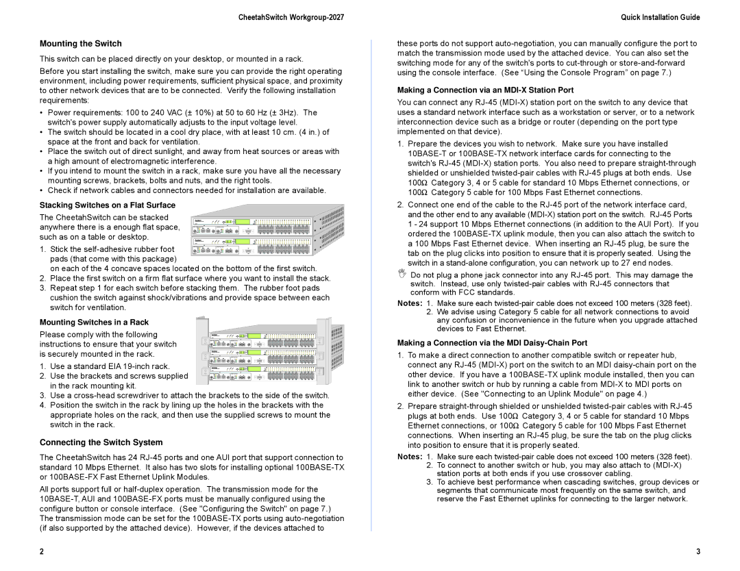 Accton Technology E0298-R03, ES2027 manual CheetahSwitch Workgroup-2027 Mounting the Switch, Connecting the Switch System 