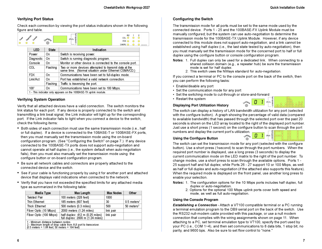 Accton Technology ES2027, E0298-R03 manual CheetahSwitch Workgroup-2027 Verifying Port Status, Verifying System Operation 