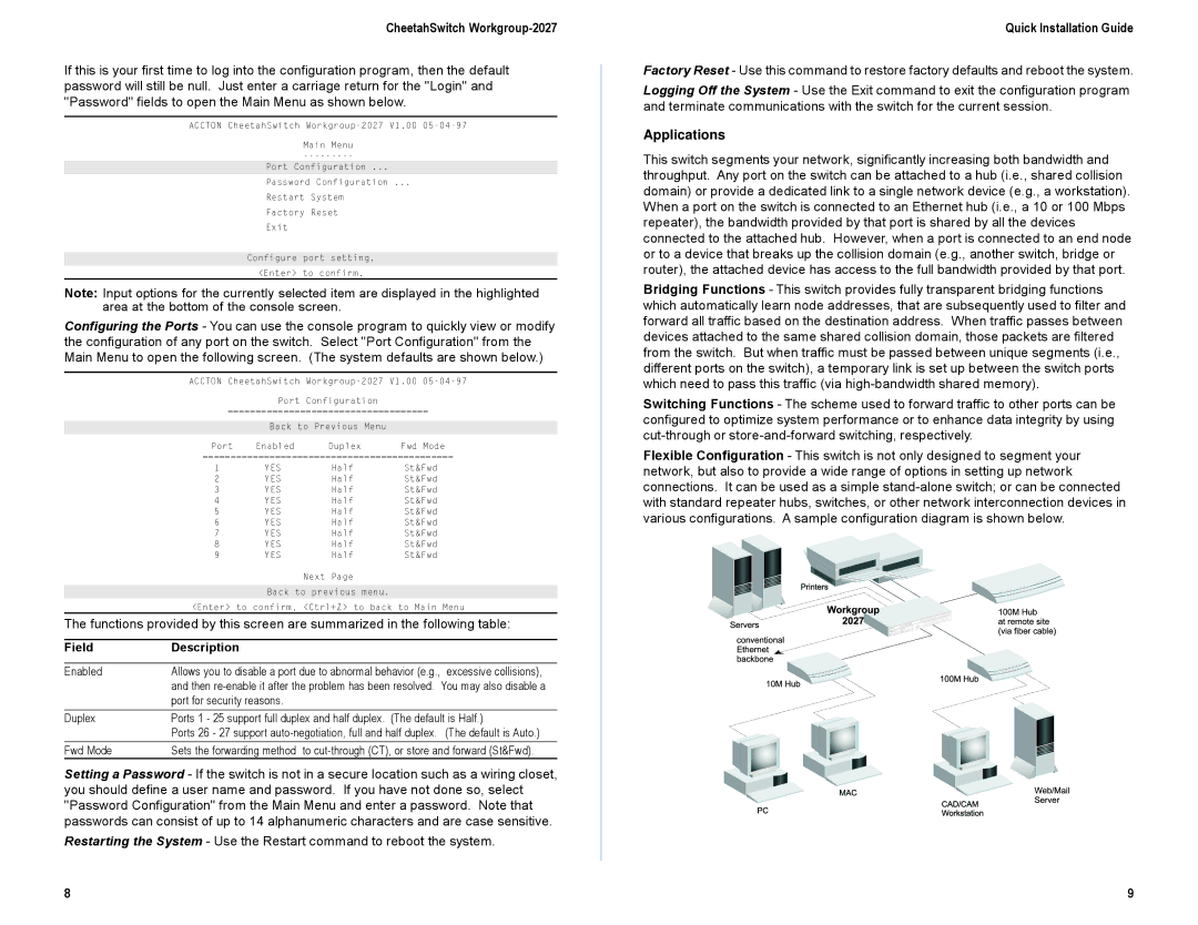 Accton Technology E0298-R03, ES2027 manual Applications, Field Description, Enabled, Port for security reasons, Fwd Mode 