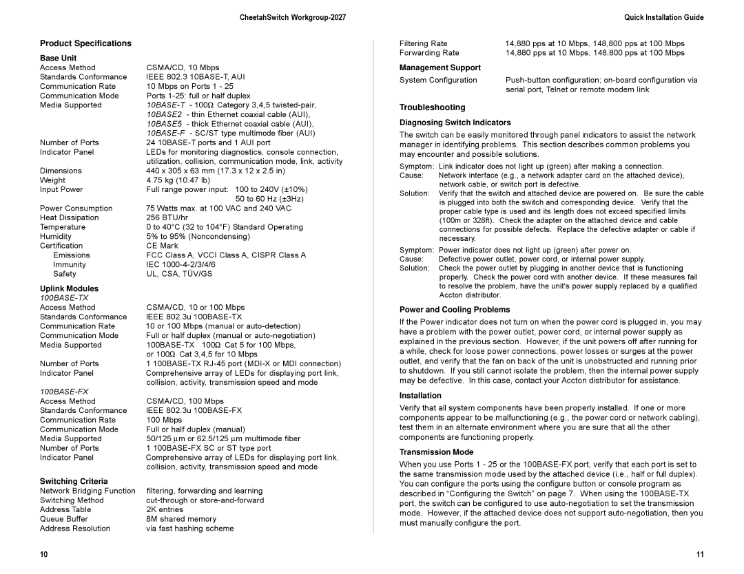 Accton Technology 150185-101, ES2027, E0298-R03 manual Product Specifications, Troubleshooting 