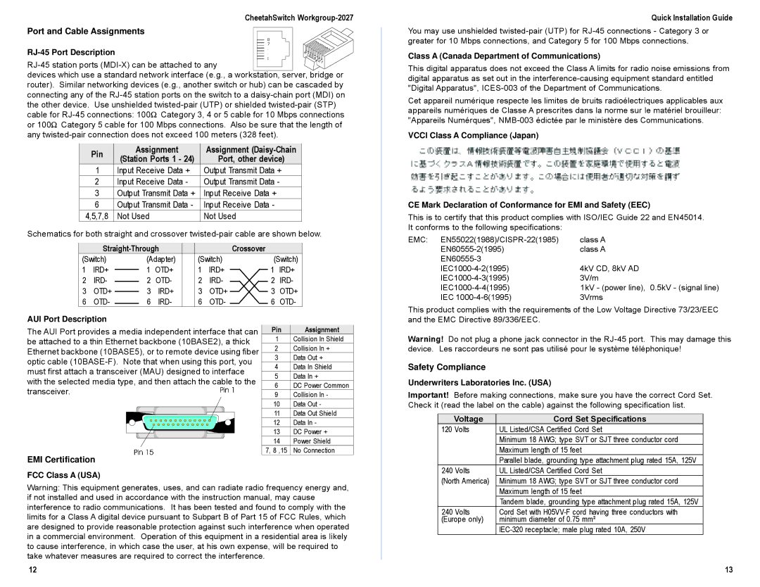 Accton Technology ES2027 CheetahSwitch Workgroup-2027 Port and Cable Assignments, Port, other device, EMI Certification 