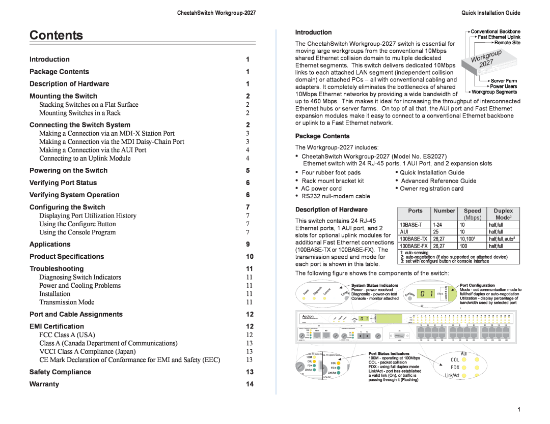 Accton Technology ES2027, E0298-R03, 150185-101 manual Contents 