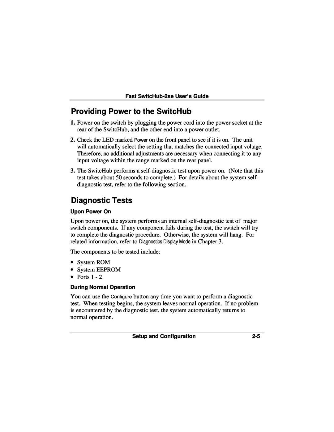 Accton Technology ES3002-TF manual Providing Power to the SwitcHub, Diagnostic Tests 