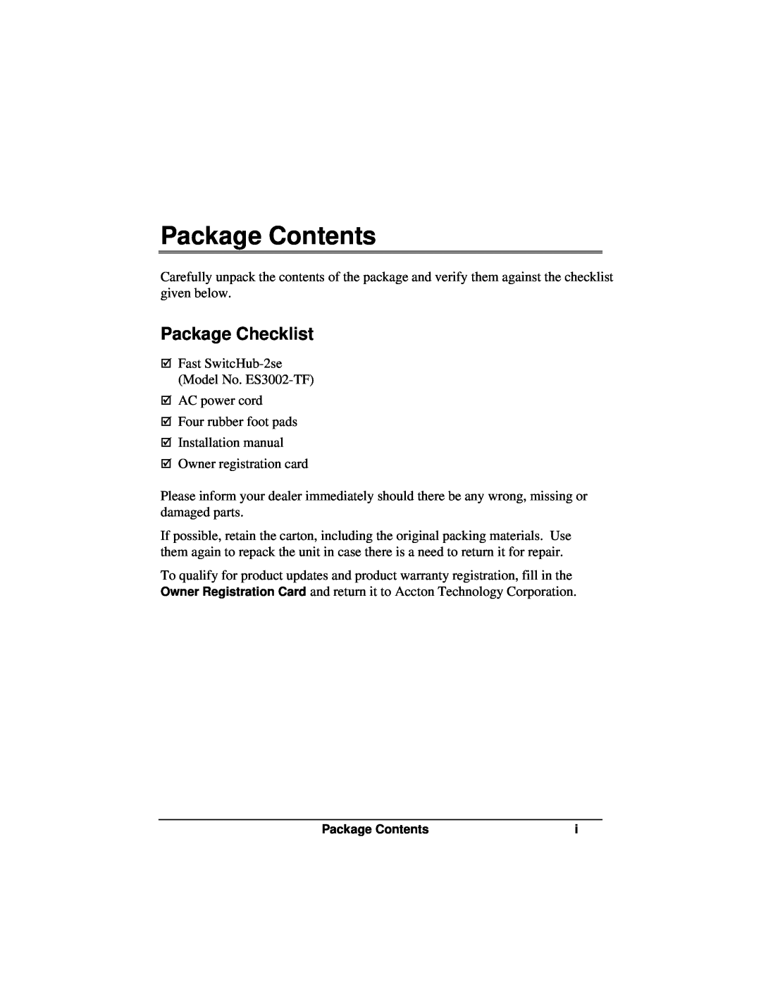 Accton Technology ES3002-TF manual Package Contents, Package Checklist 