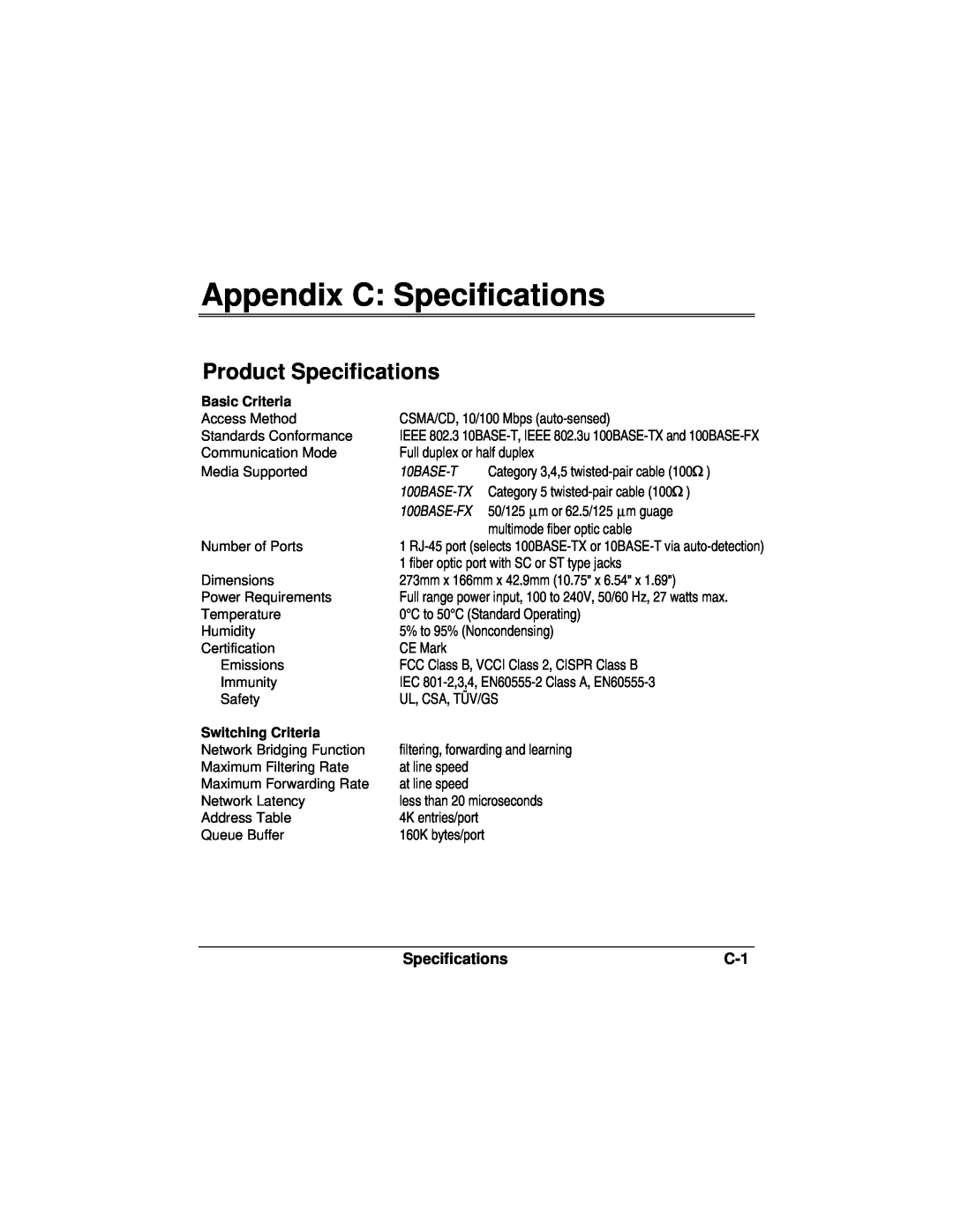 Accton Technology ES3002-TF manual Appendix C Specifications, Product Specifications, 10BASE-T 