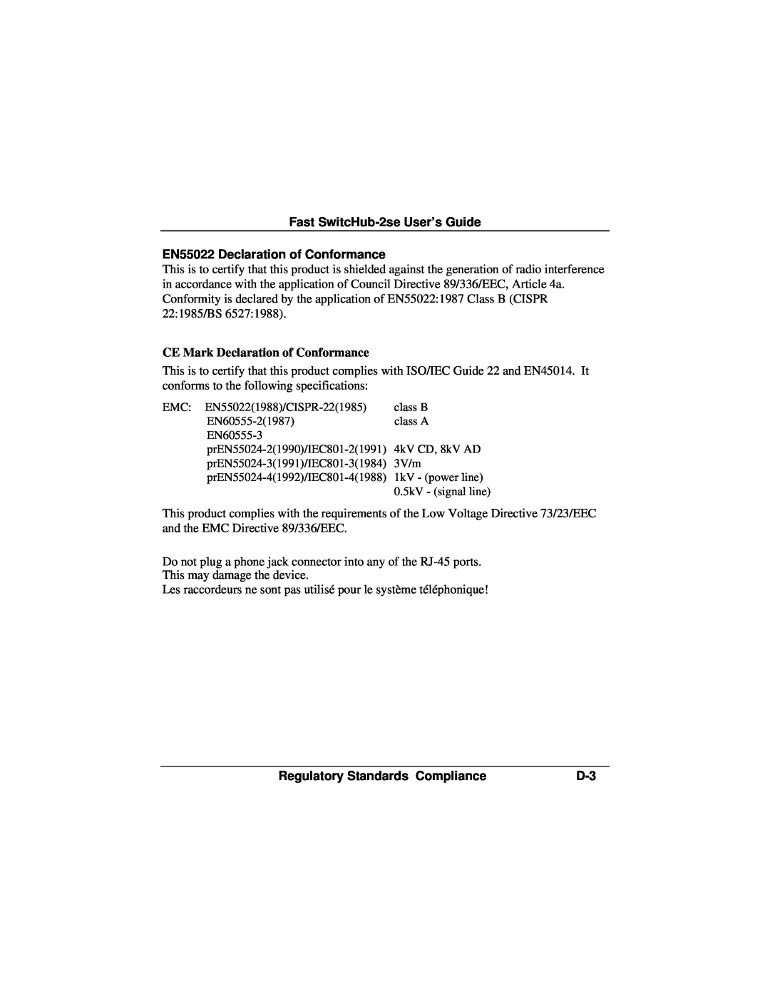 Accton Technology ES3002-TF manual Fast SwitcHub-2se User’s Guide EN55022 Declaration of Conformance 