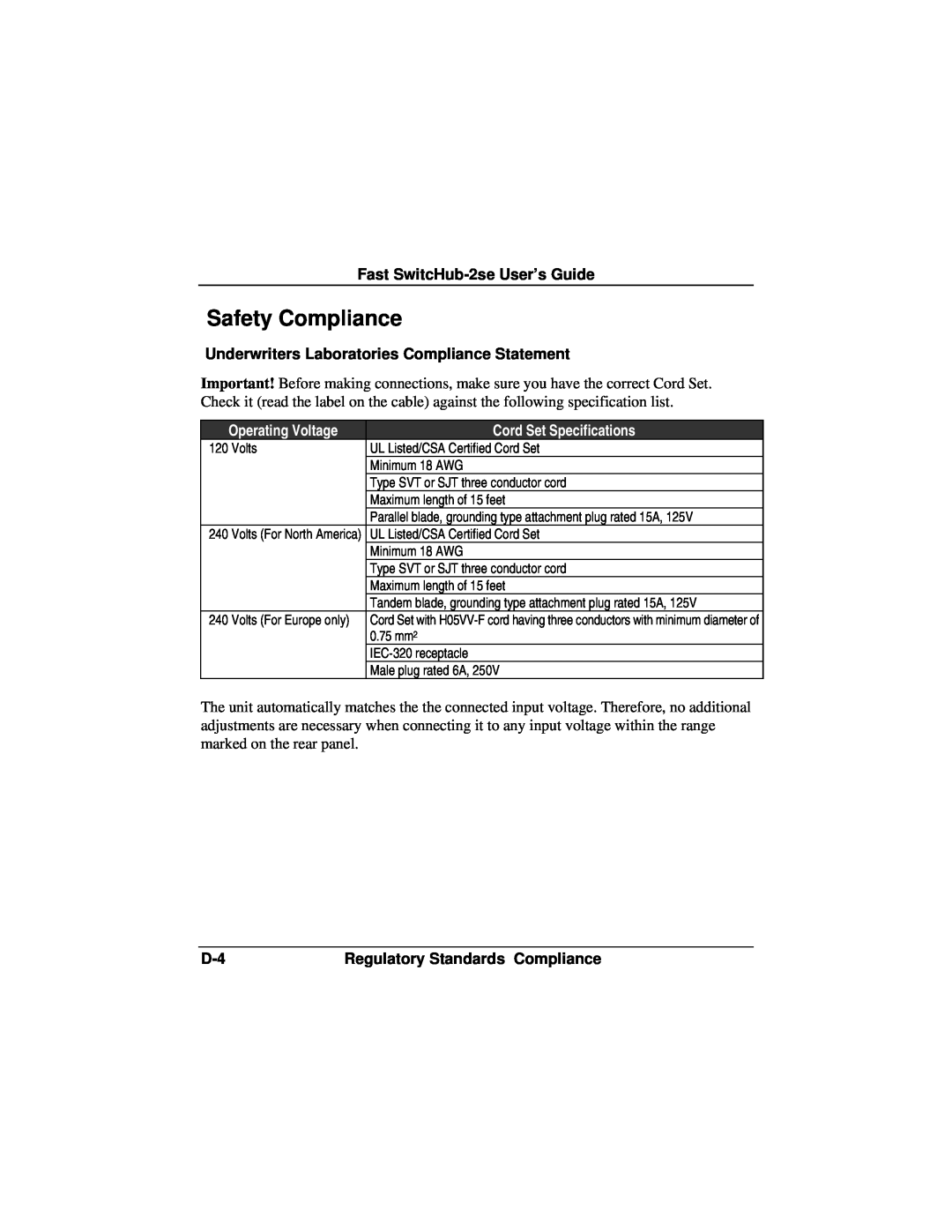 Accton Technology ES3002-TF Safety Compliance, Fast SwitcHub-2se User’s Guide, Operating Voltage, Cord Set Specifications 