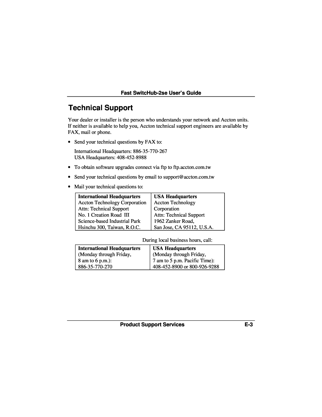 Accton Technology ES3002-TF manual Technical Support, Fast SwitcHub-2se User’s Guide, International Headquarters 
