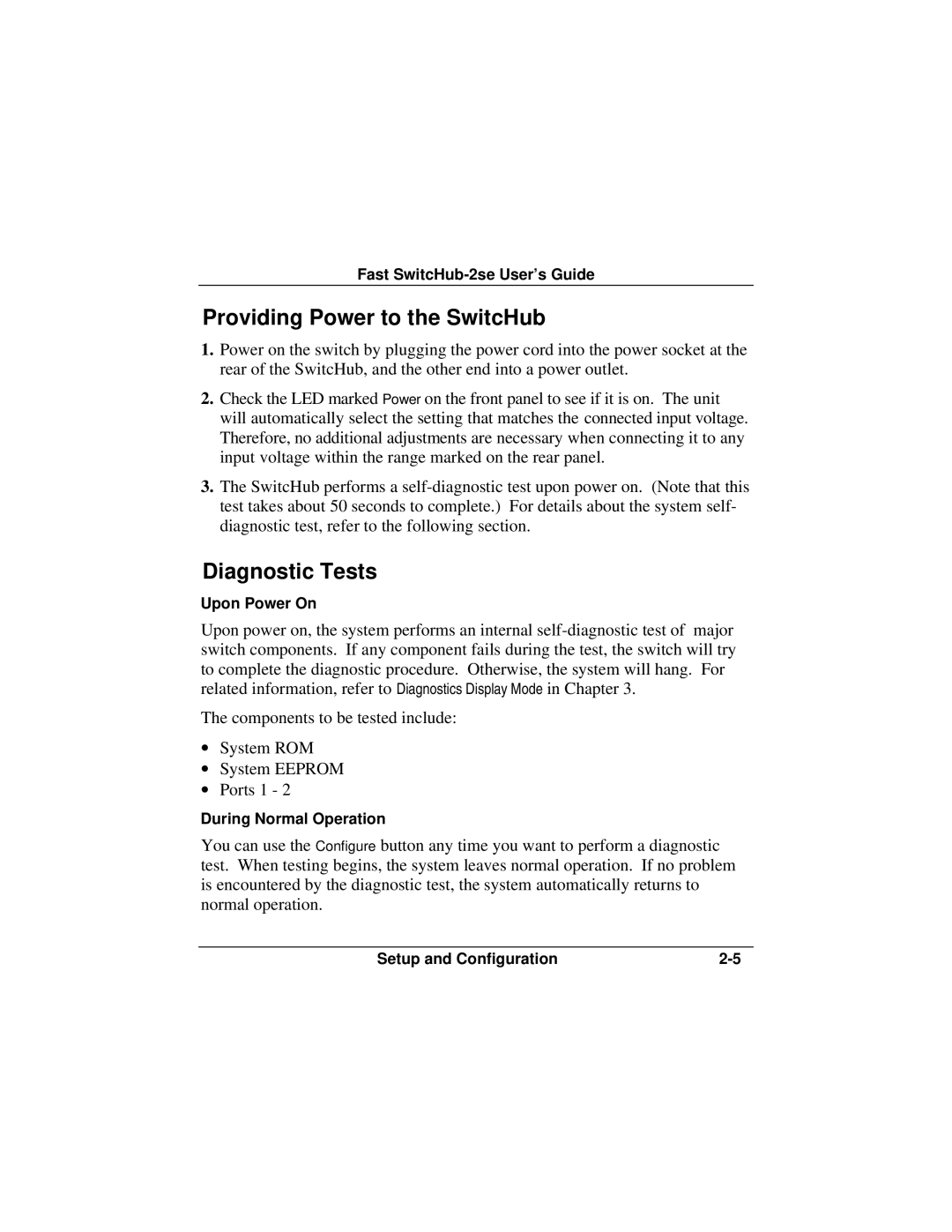 Accton Technology ES3002-TF manual Providing Power to the SwitcHub, Diagnostic Tests 