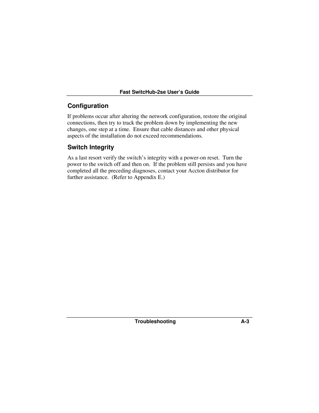 Accton Technology ES3002-TF manual Configuration, Switch Integrity 