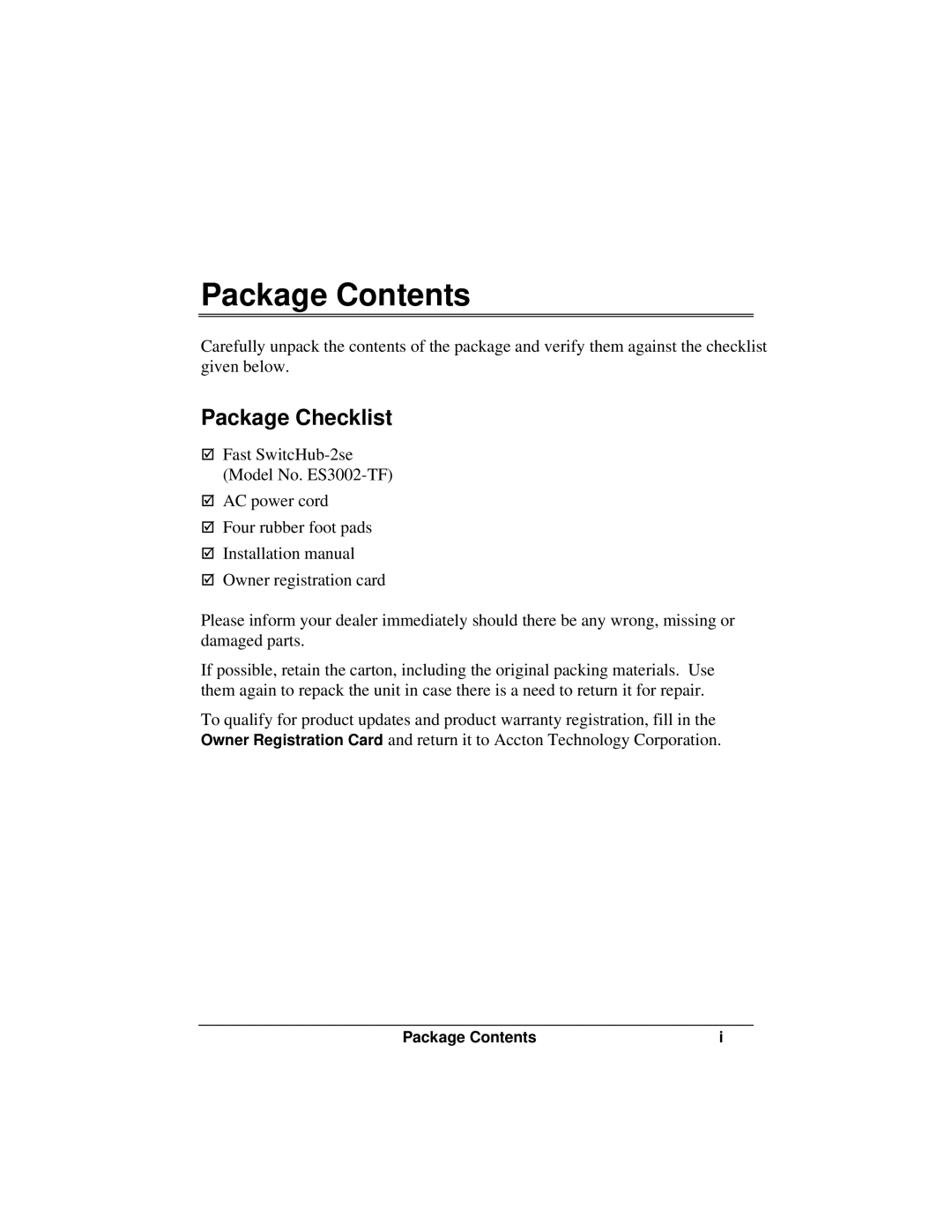 Accton Technology ES3002-TF manual Package Contents 