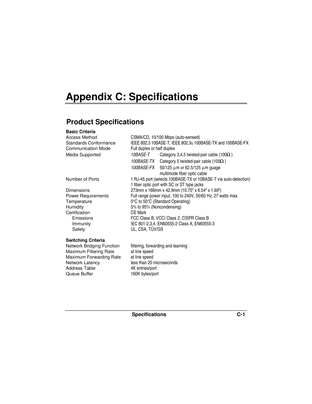 Accton Technology ES3002-TF manual Appendix C Specifications, Product Specifications 