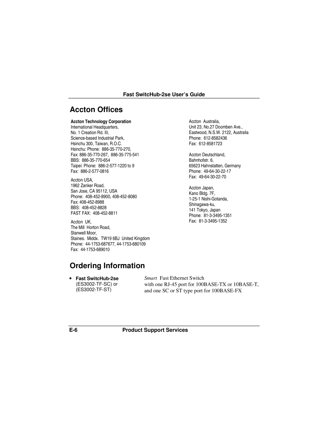 Accton Technology ES3002-TF manual Accton Offices, Ordering Information 