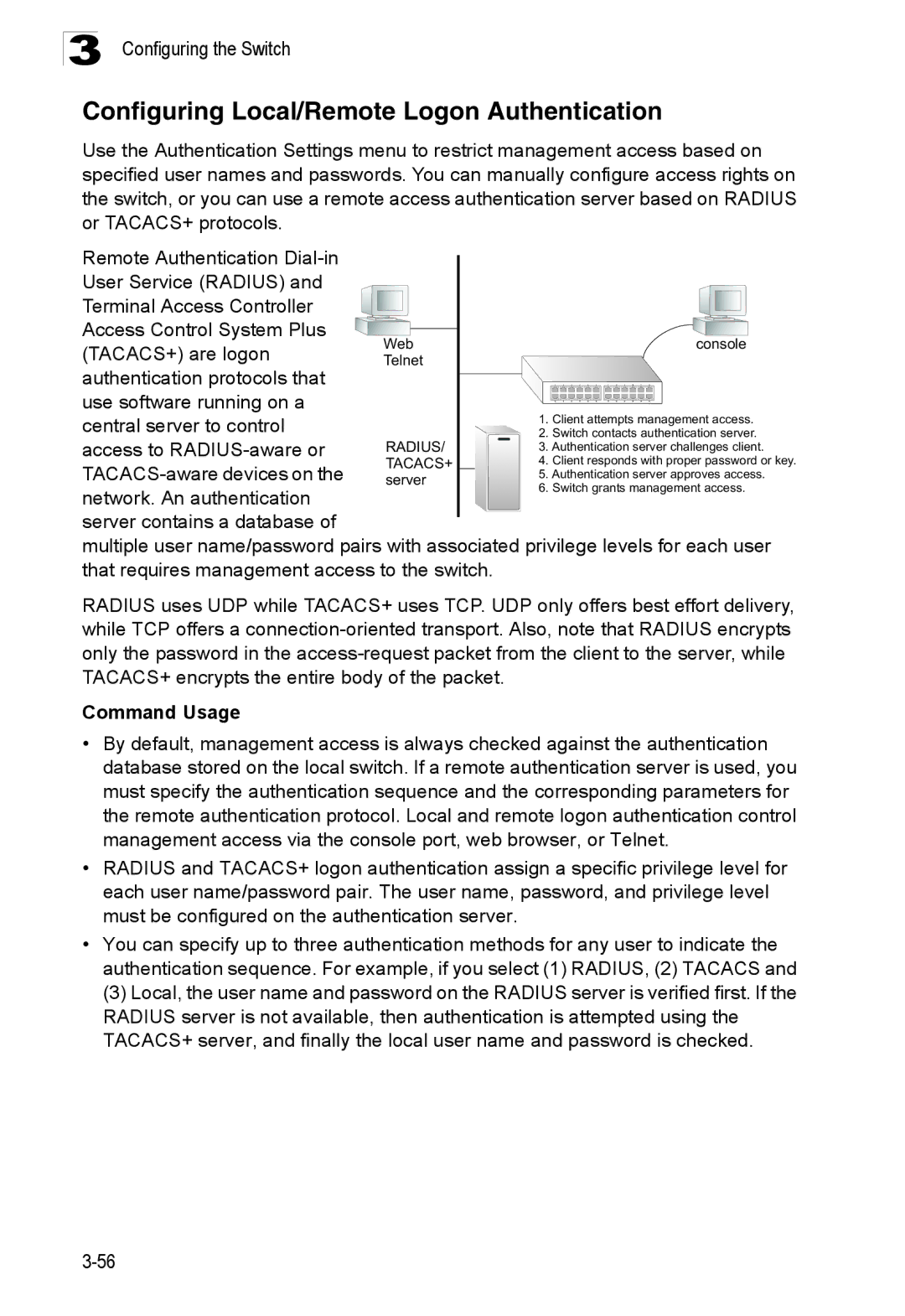 Accton Technology ES3526XA, ES3552XA manual Configuring Local/Remote Logon Authentication, Command Usage 