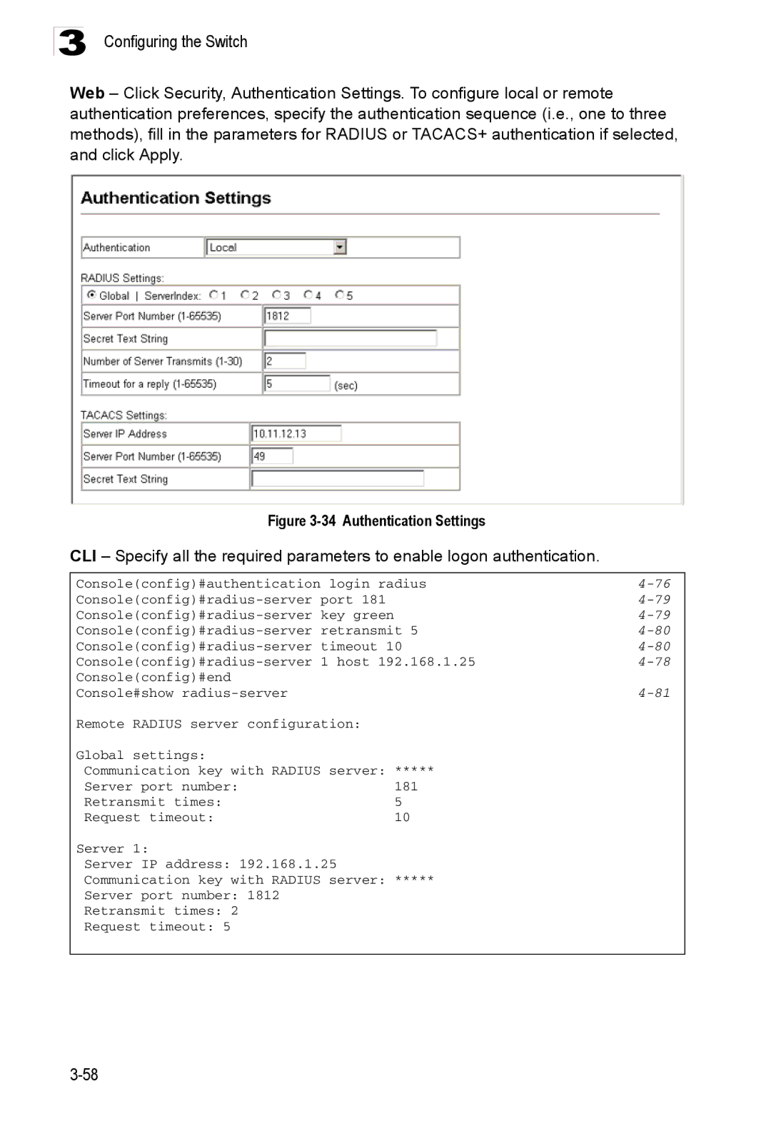 Accton Technology ES3526XA, ES3552XA manual Authentication Settings 