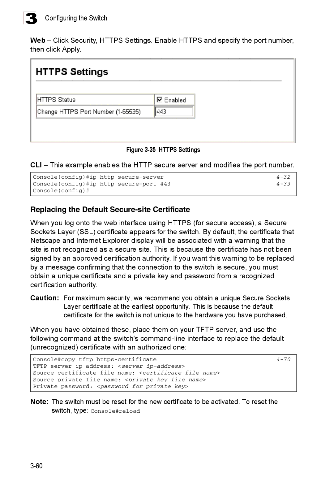 Accton Technology ES3526XA, ES3552XA manual Replacing the Default Secure-site Certificate, Address server ip-address 