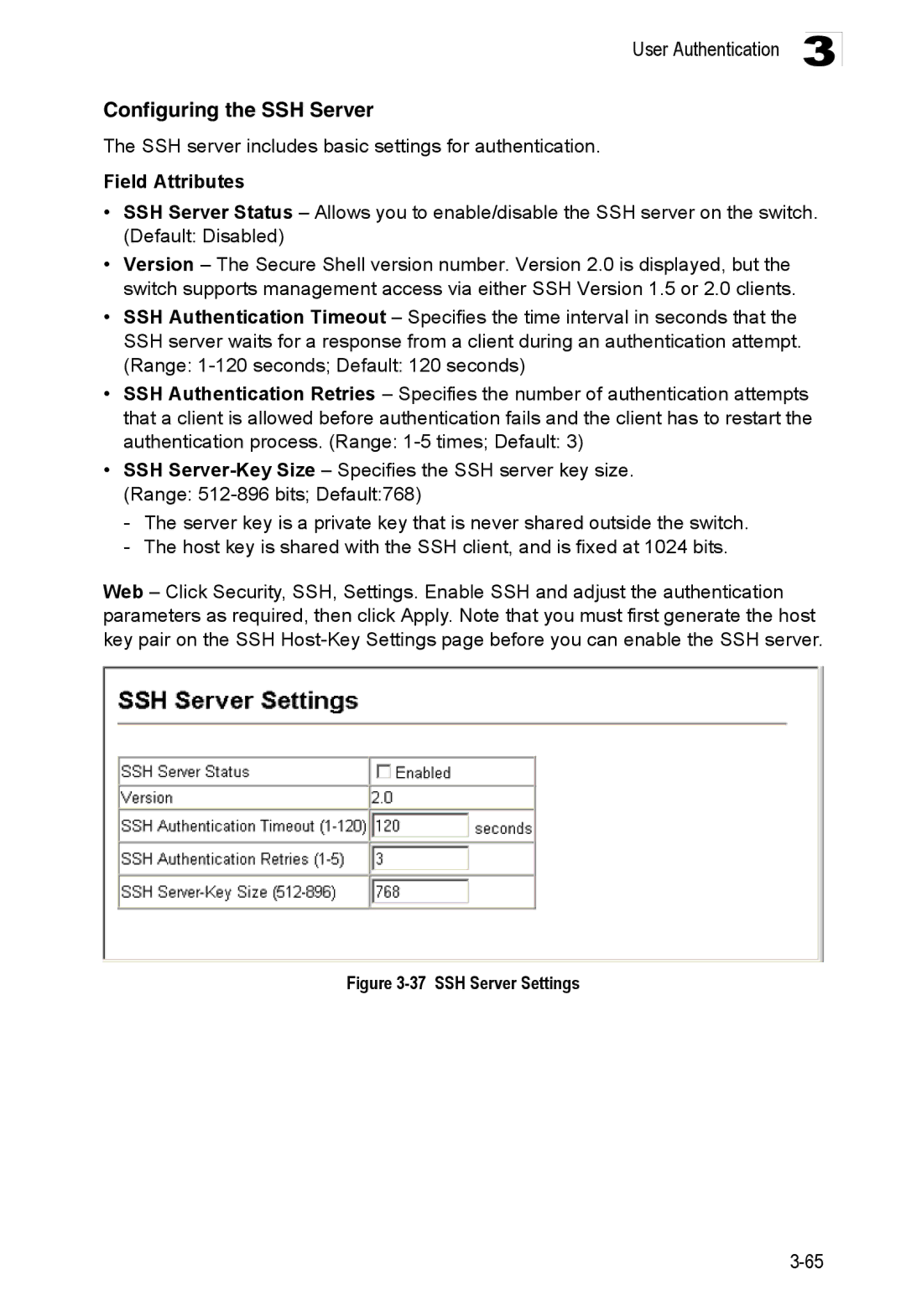 Accton Technology ES3552XA, ES3526XA Configuring the SSH Server, SSH server includes basic settings for authentication 